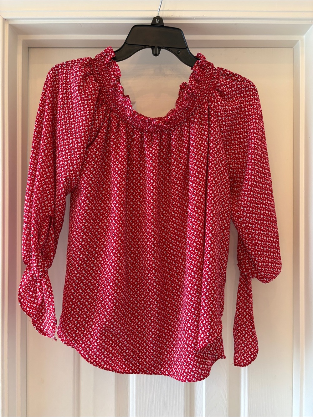 Michael Kors Red Floral Smocked Nevk Peasant Blouse size Large